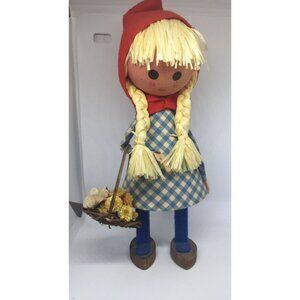 Vintage 1960's Handmade Wooden Doll Little Red Riding Hood Long Yellow Braids